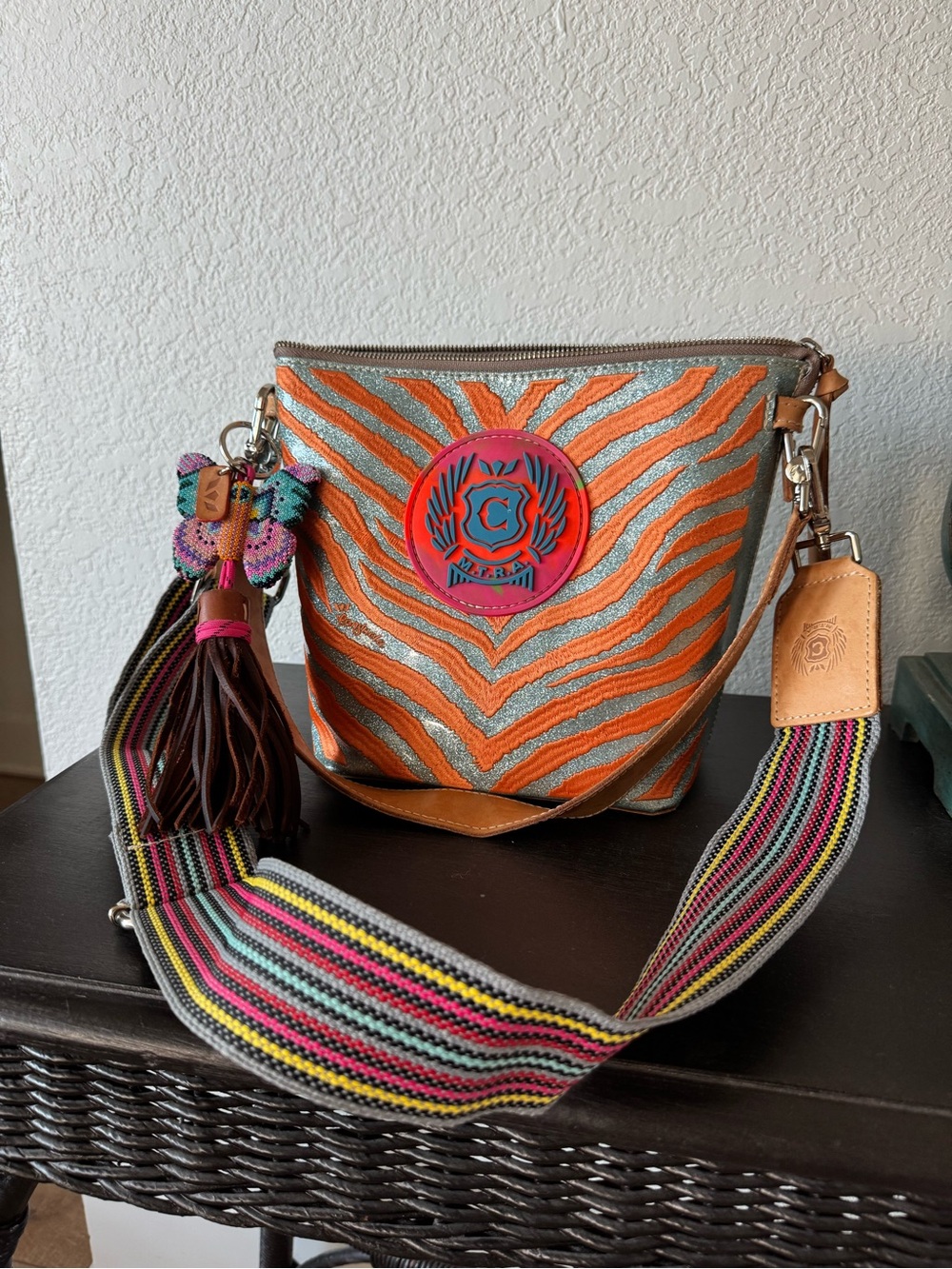 Consuela Silver Glitter Crossbody – Orange Zebra Print + Colorful Strap